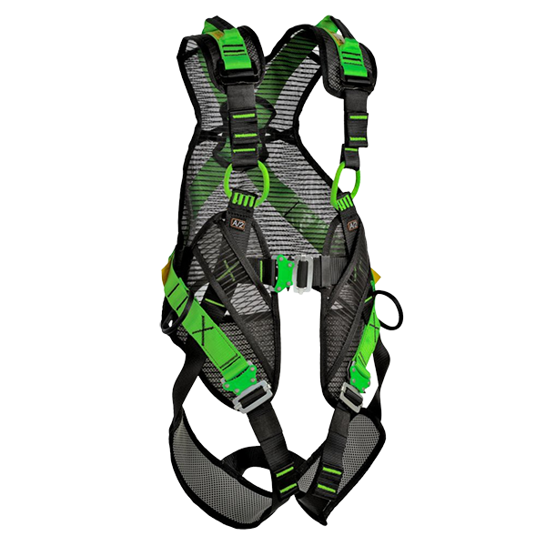 Ergonomisk SPIDR fallskyddssele grön med fallindikatorer och snabbspännen.