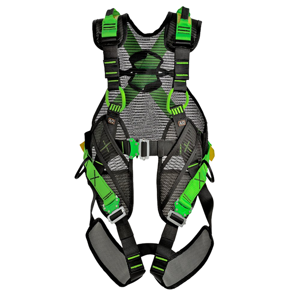 SPIDR fallskyddssele grön med snabbspännen och komfortvaddering.