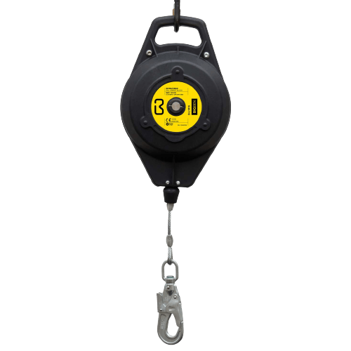 Fallskyddsblock 20 m med stålvajer och storkrok, säker och hållbar lösning.